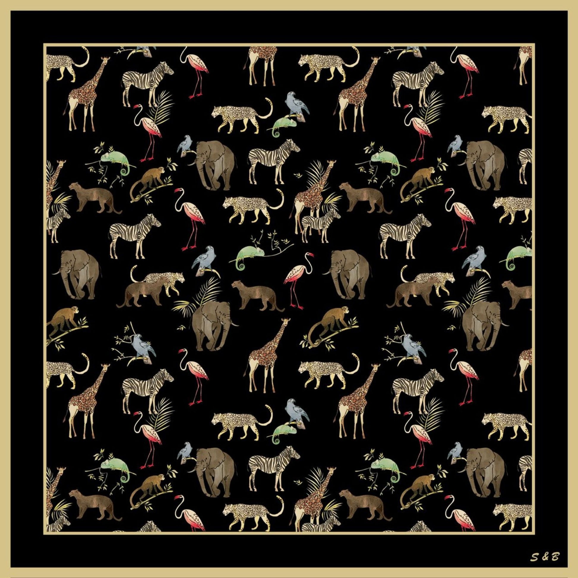 Noir Safari wool-silk scarf styled flat, a black safari animal motif by Silk & Bears
