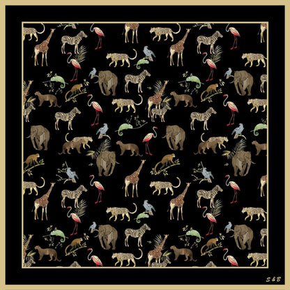 Noir Safari wool-silk scarf styled flat, a black safari animal motif by Silk & Bears