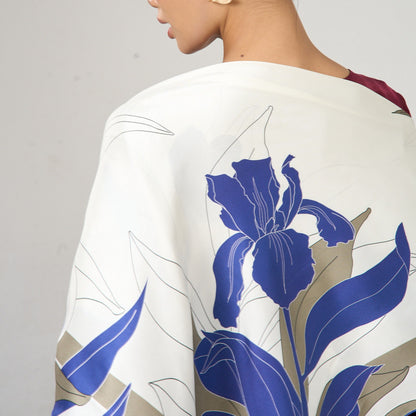 Navy Botanical Silk Twill Scarf – Hand-Rolled Edges, Ivory