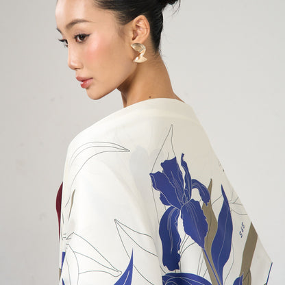 Navy Botanical Silk Twill Scarf – Hand-Rolled Edges, Ivory