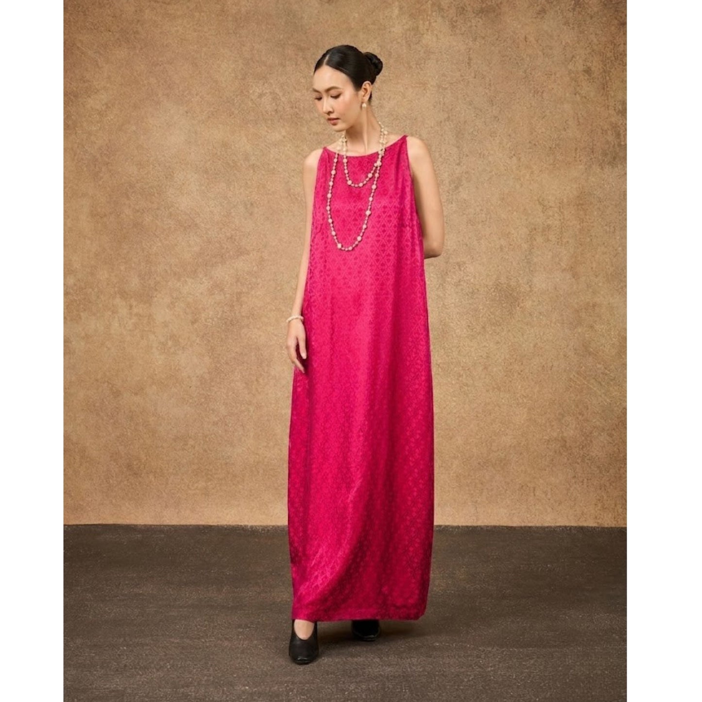 Aurora fuchsia damask silk jacquard maxi dress shown from the side