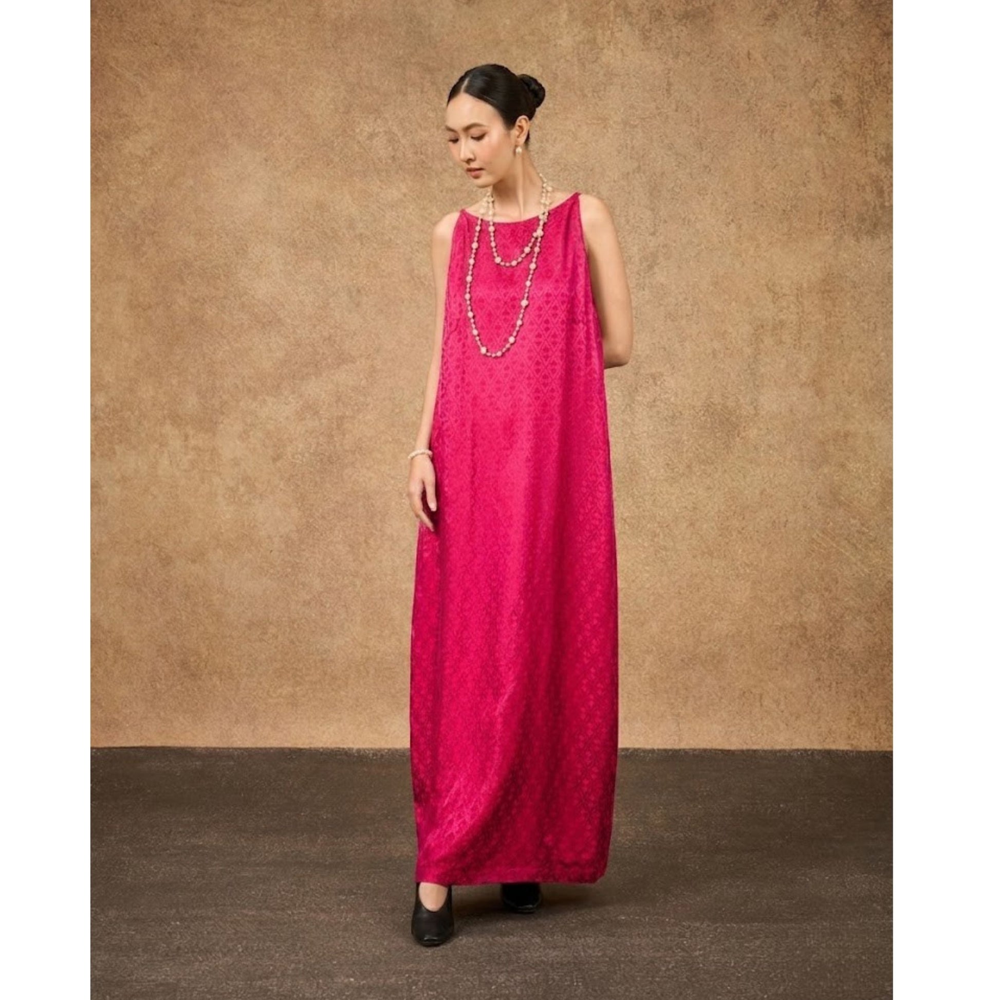 Aurora fuchsia damask silk jacquard maxi dress shown from the side