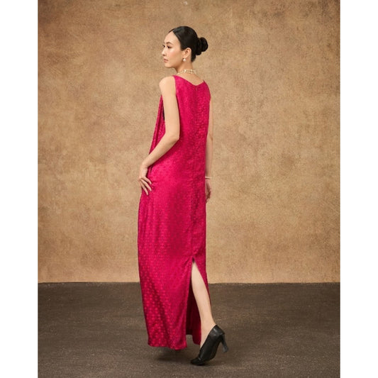 Model wearing the Aurora fuchsia damask hand-dyed silk jacquard maxi dress