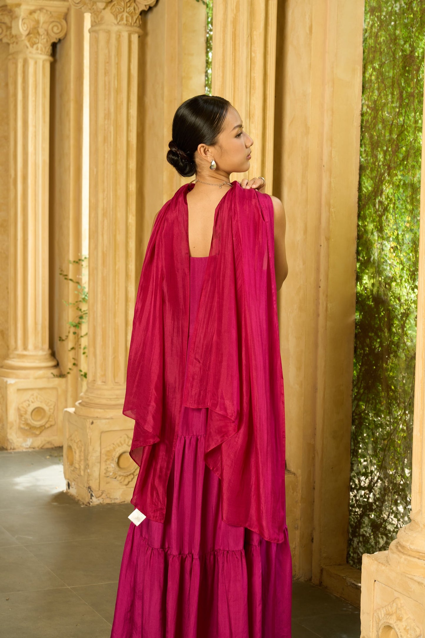 Magenta habotai silk dress lifestyle shot — Valentina by Silk & Bears
