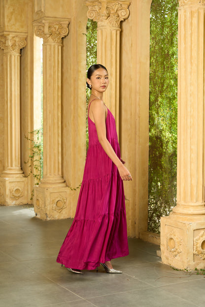 Valentina magenta dress front view — 100% habotai silk, floor length