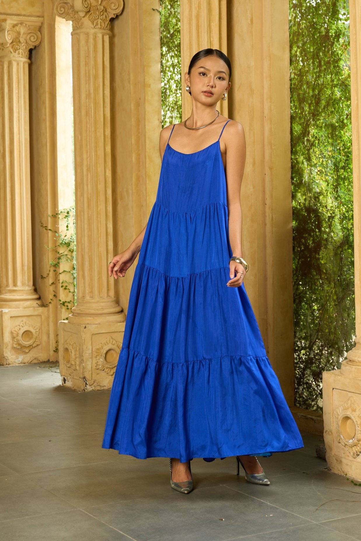 Valentina Royal Blue silk maxi dress — tiered habotai silk gown by Silk & Bears