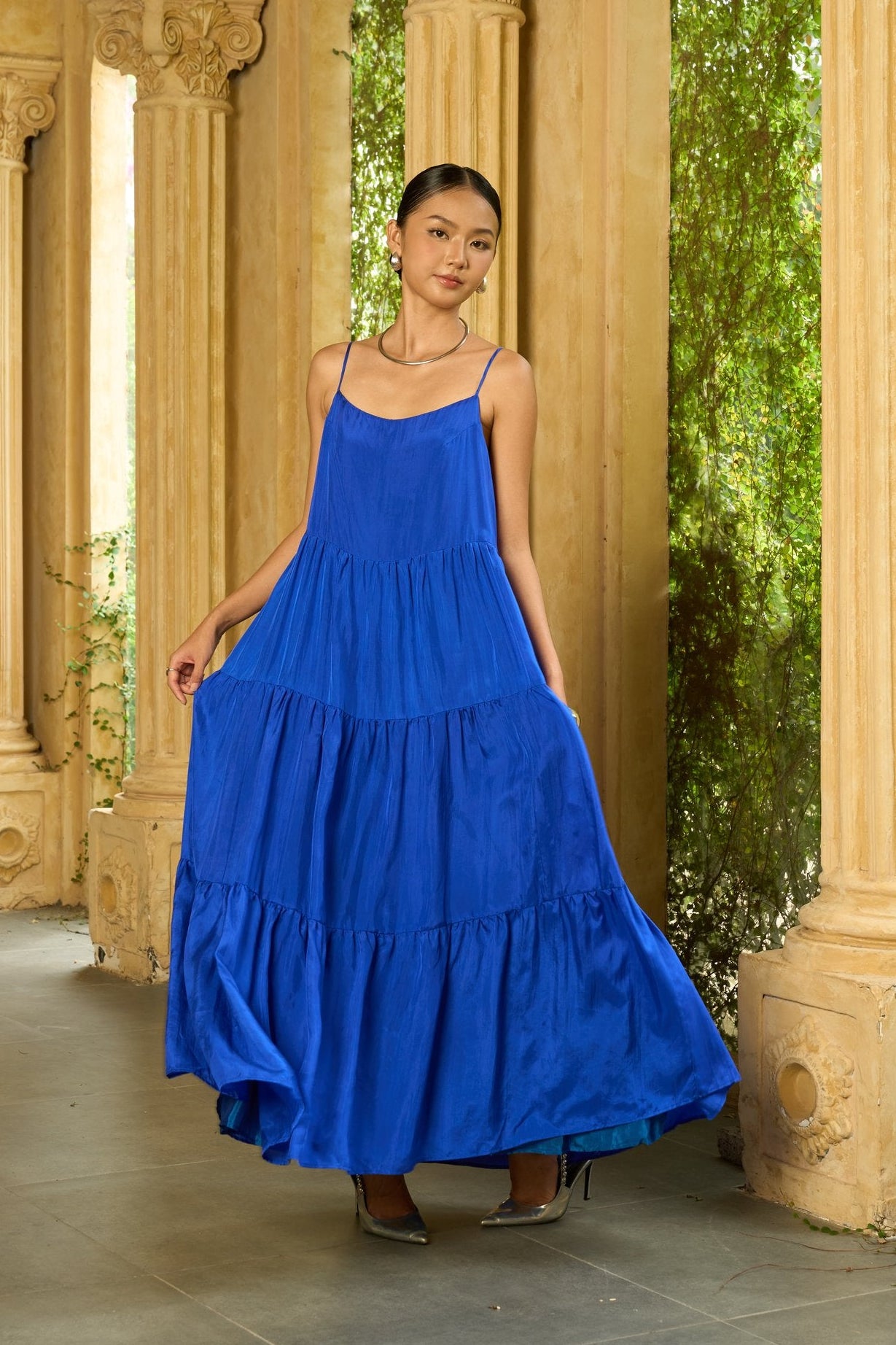 Close-up of royal blue habotai silk tiered skirt — Valentina by Silk & Bears