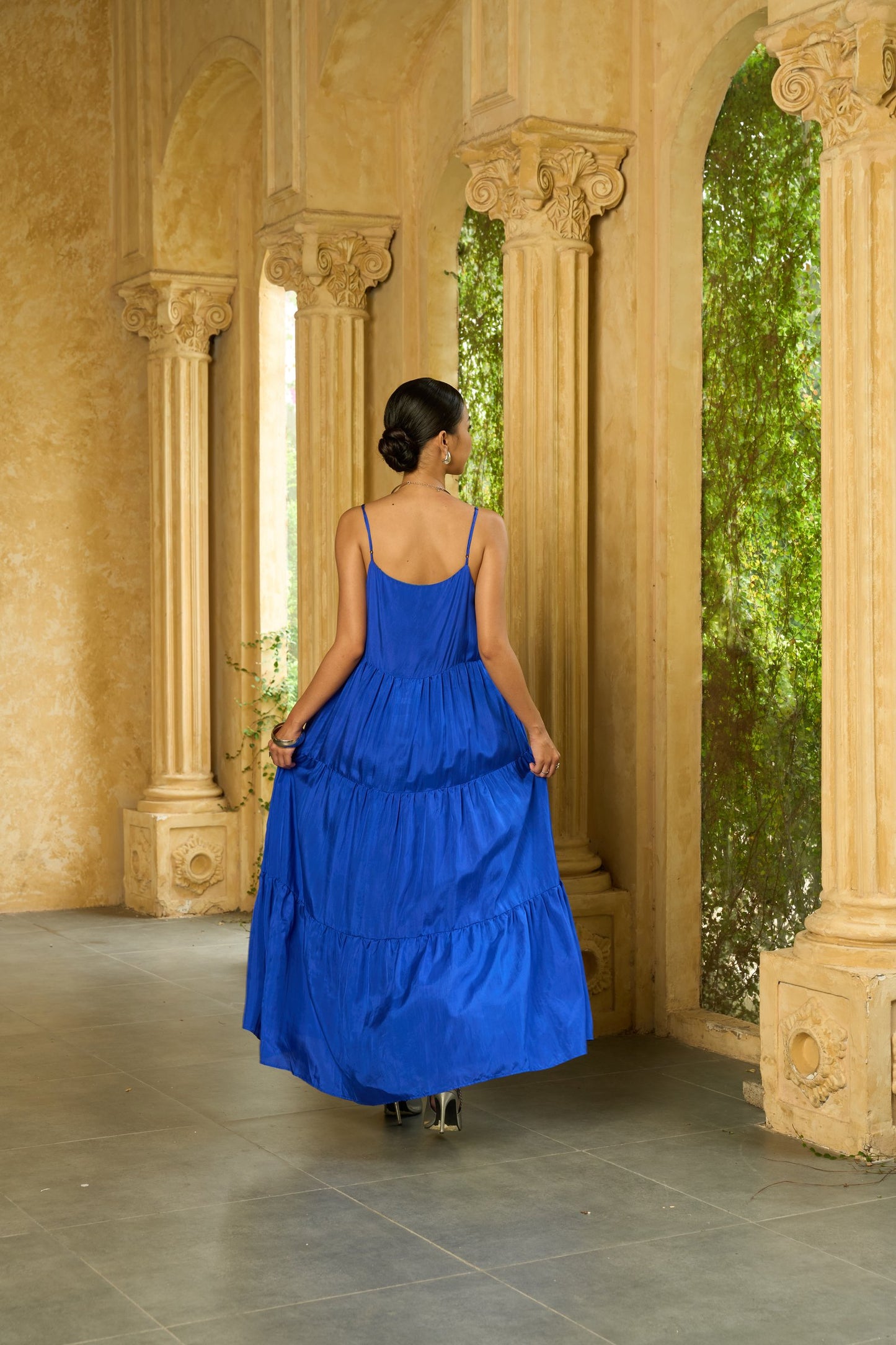 Royal blue silk maxi dress in motion — Valentina tiered gown