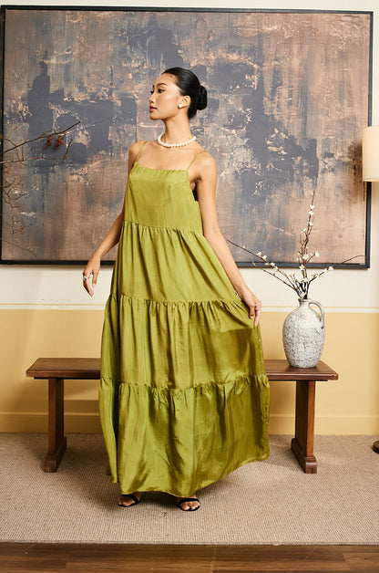 Valentina olive gold habotai silk tiered maxi dress, front view