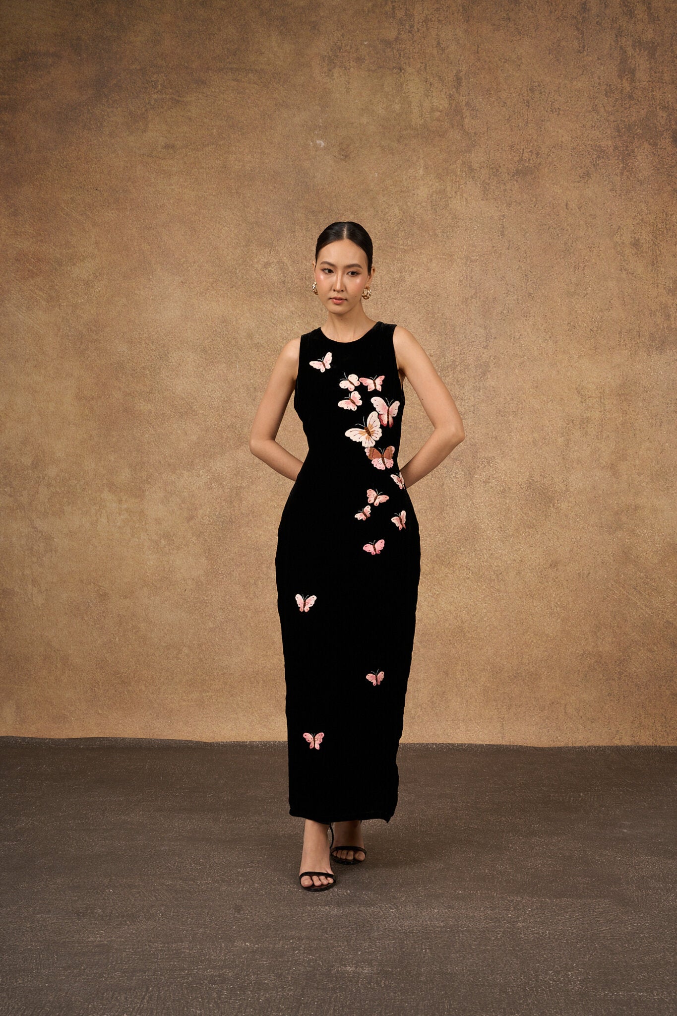 Hand-embroidered black butterfly silk velvet evening dress, three-quarter view