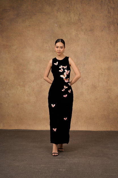 Hand-embroidered black butterfly silk velvet evening dress, three-quarter view