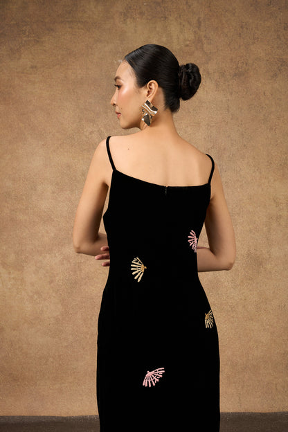 Back view of the hand-embroidered black fan-motif silk velvet evening dress
