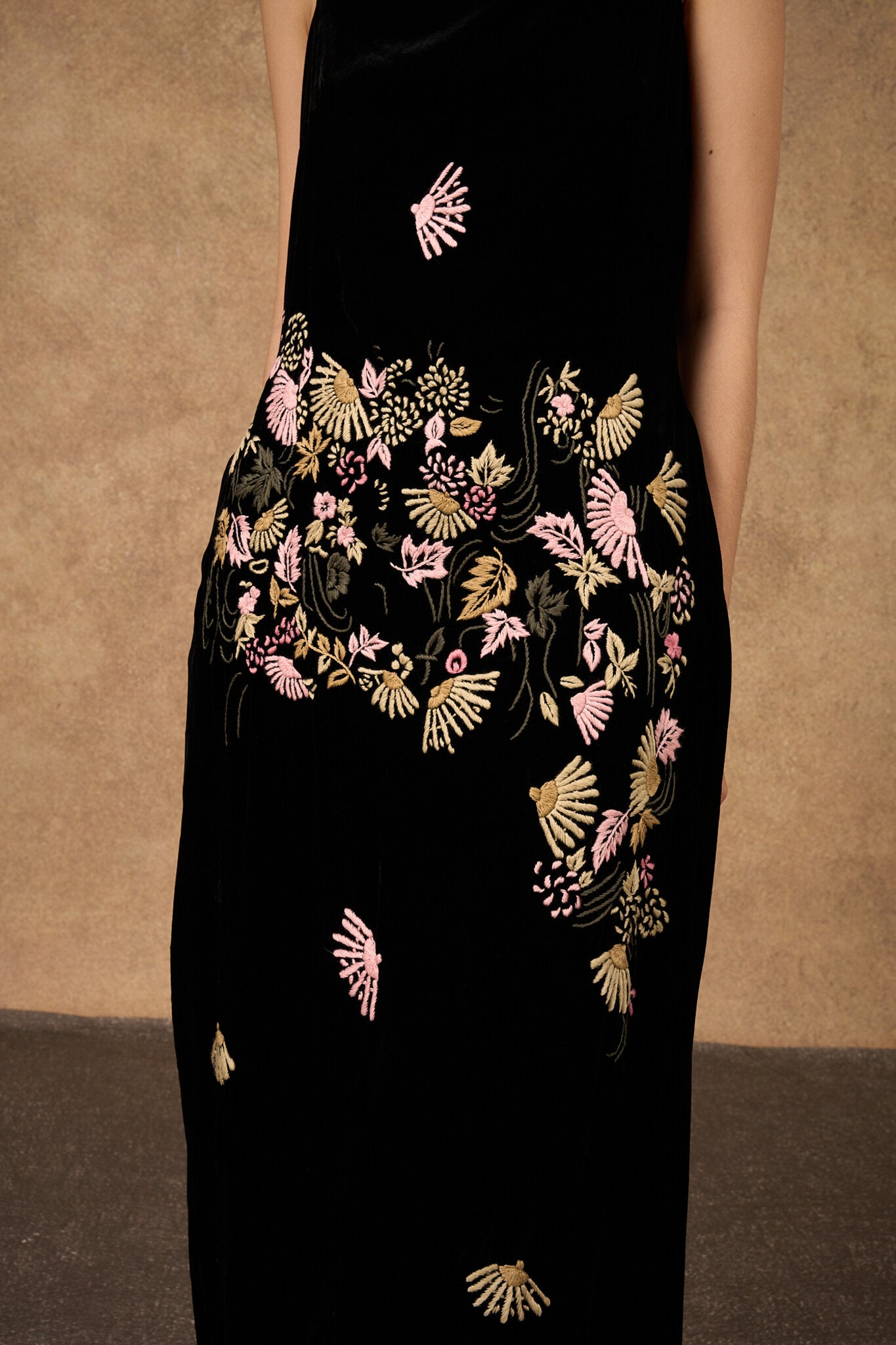 Hand-embroidered black fan-motif silk velvet evening dress, front view