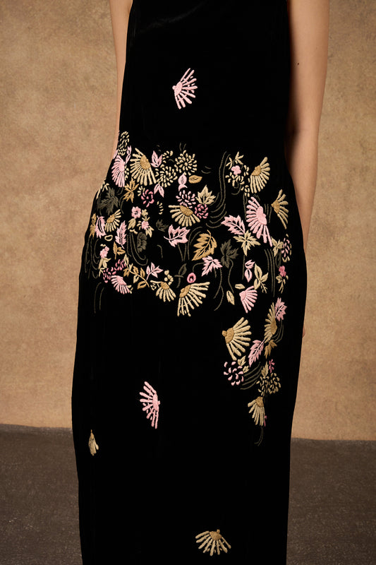 Hand-embroidered black fan-motif silk velvet evening dress, front view