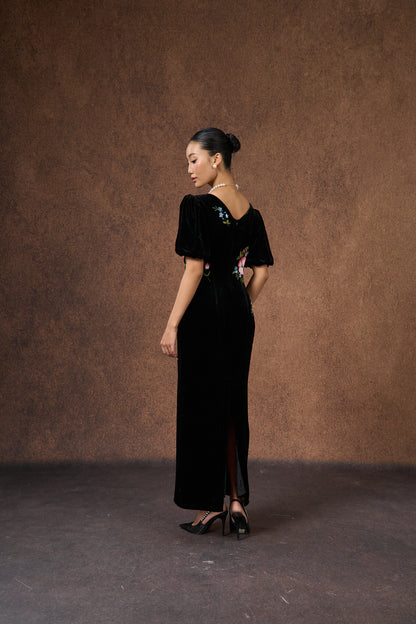 Hand-embroidered black floral silk velvet puff-sleeve dress, three-quarter view