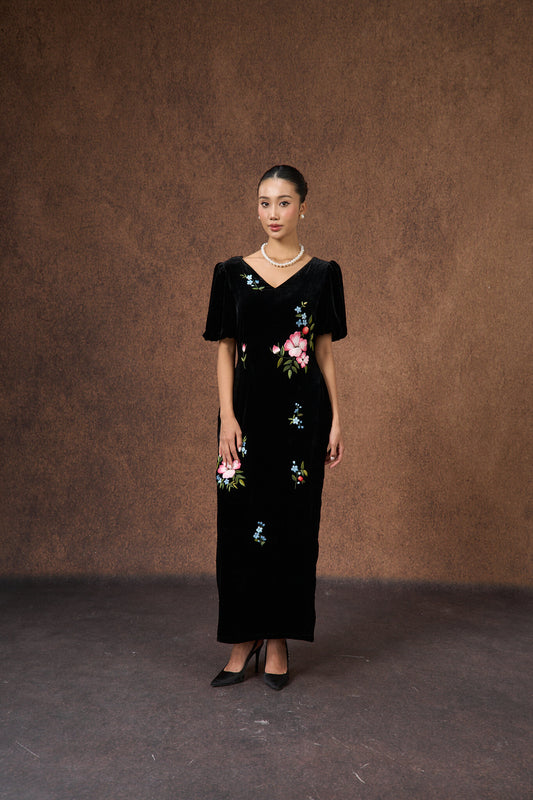 Hand-embroidered black floral silk velvet puff-sleeve dress, front view