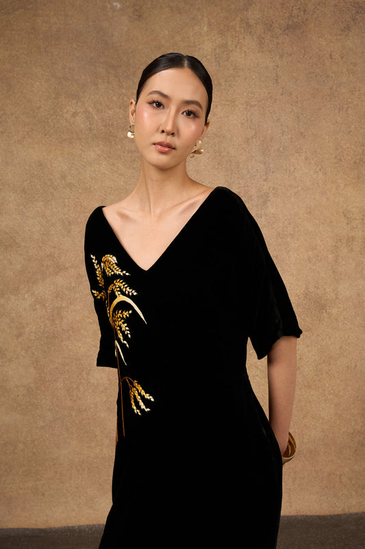 Hand-embroidered black and gold silk velvet dress, front view