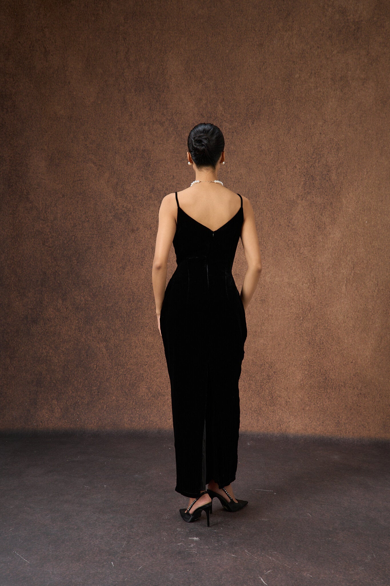Hand-embroidered black rose silk velvet evening dress, three-quarter view