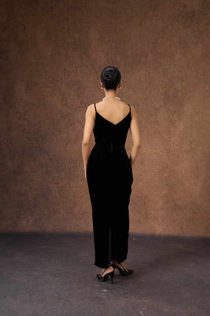 Hand-embroidered black rose silk velvet evening dress, three-quarter view