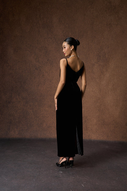 Editorial portrait of the hand-embroidered black rose silk velvet dress