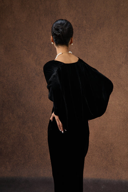 Editorial shot of the black silk velvet evening bolero wrap by Silk & Bears