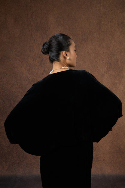 Black silk velvet evening bolero wrap, three-quarter view