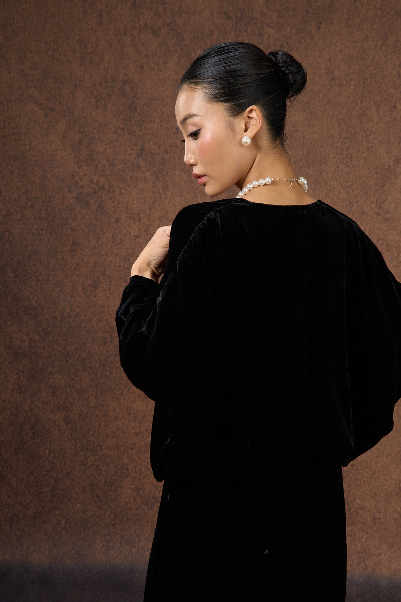 Black silk velvet evening bolero wrap, front view