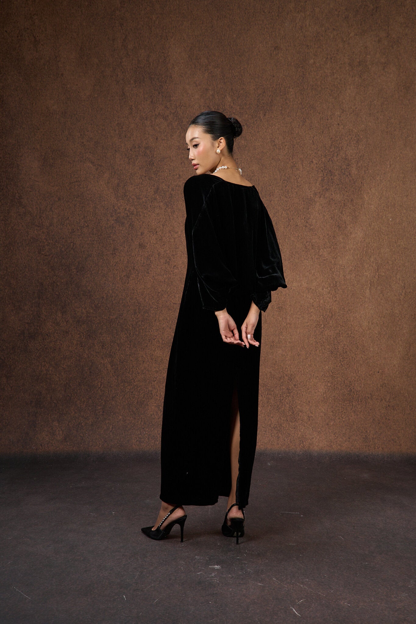 Side view of the black silk velvet evening bolero wrap