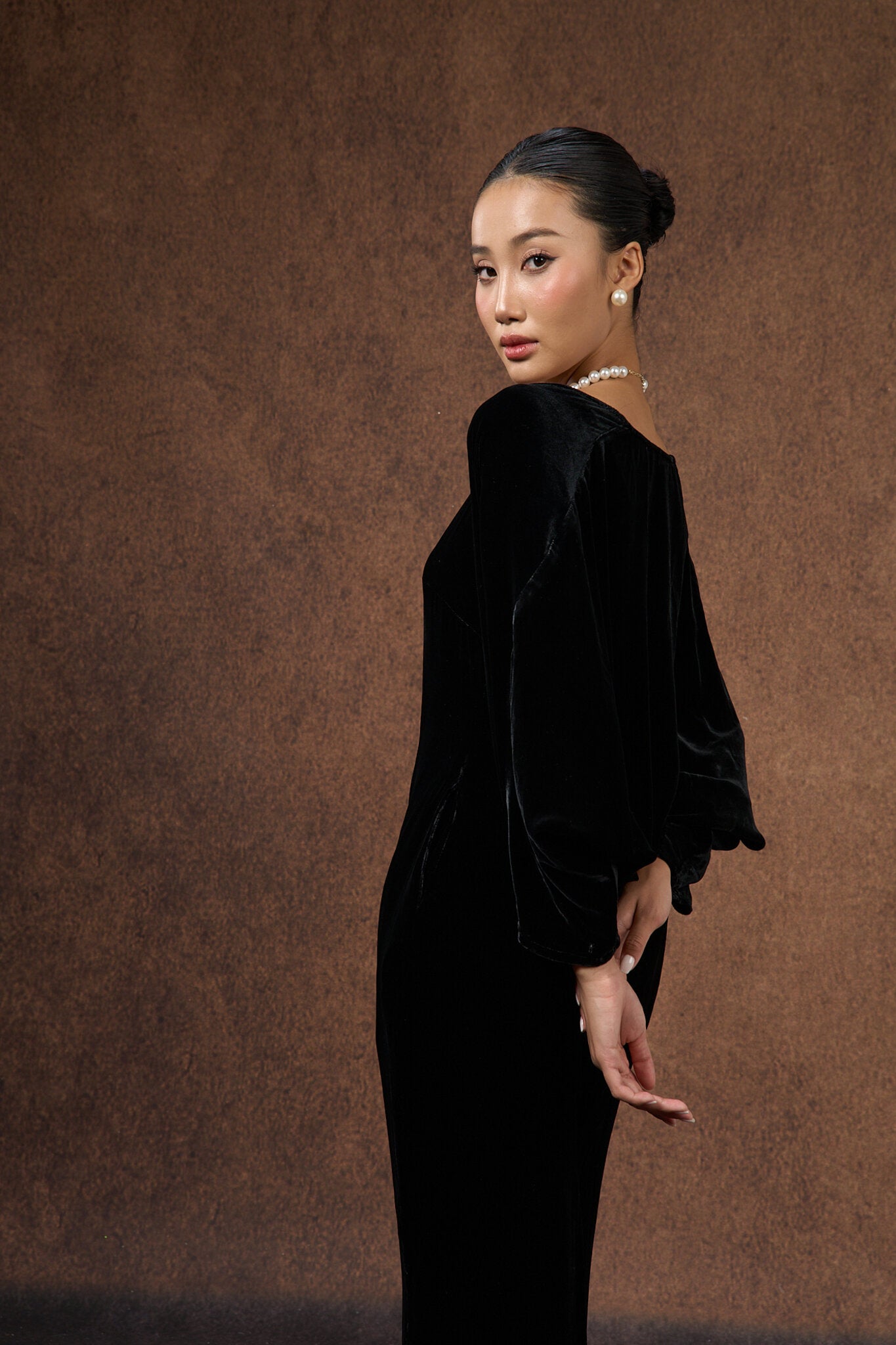 Back view of the black silk velvet evening bolero wrap, showing the draped detail