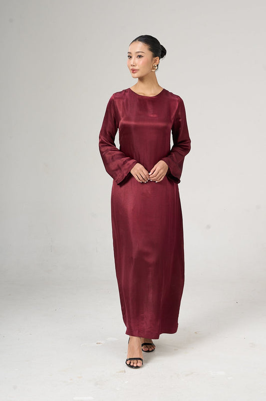 Celeste Bordeaux Rose Hand-Dyed Silk Maxi Dress – Flared Sleeve