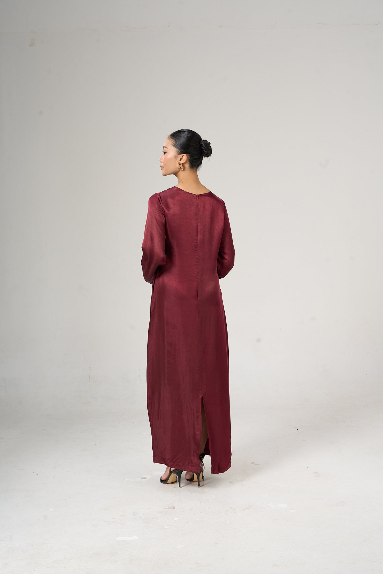 Back view of the Celeste bordeaux rose hand-dyed silk maxi dress