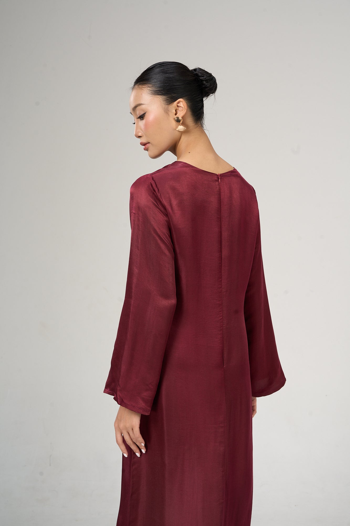Celeste bordeaux rose hand-dyed silk maxi dress with flared sleeves, full length
