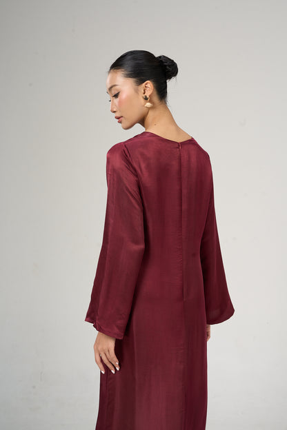 Celeste bordeaux rose hand-dyed silk maxi dress with flared sleeves, full length