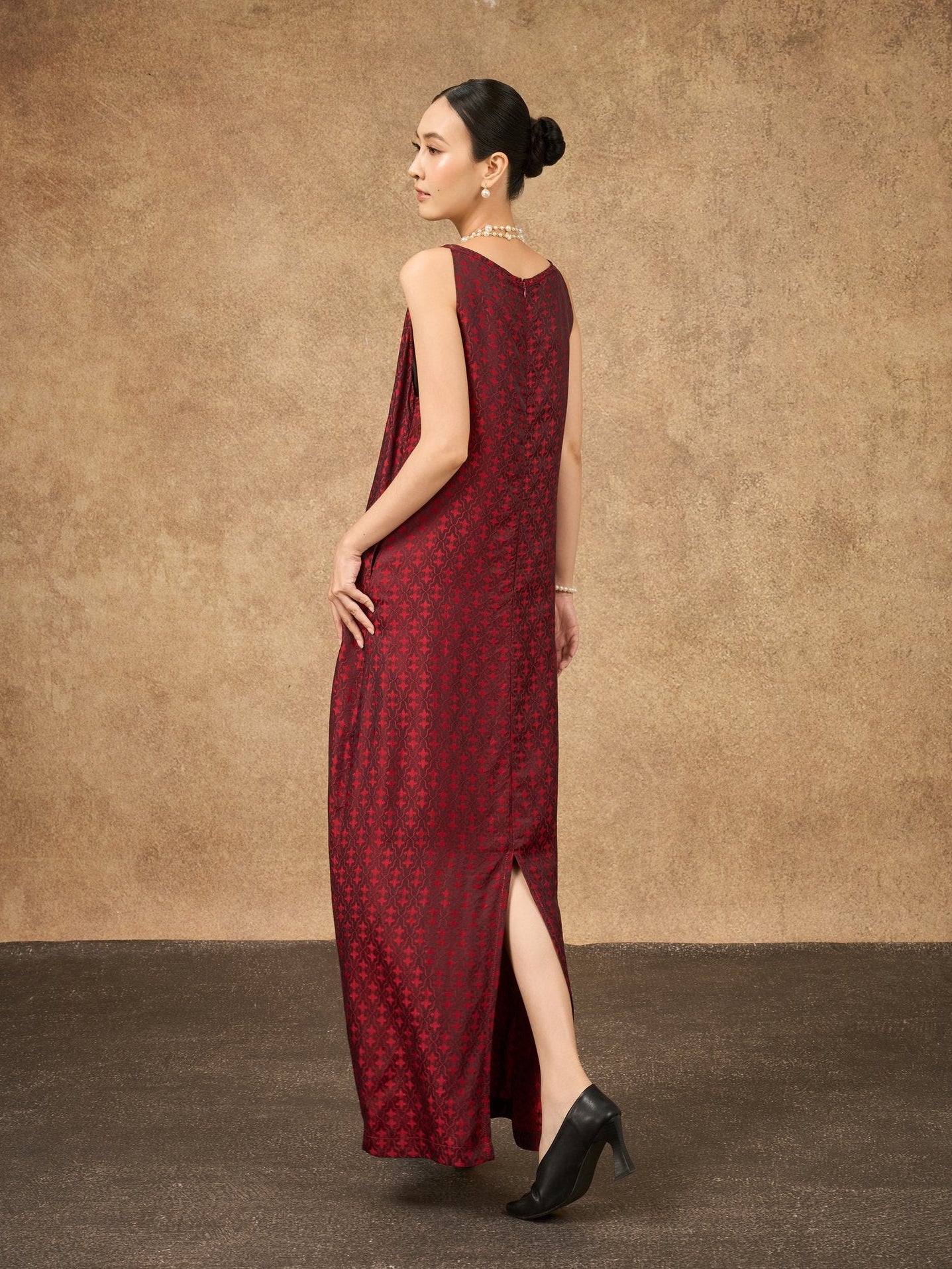 Aurora scarlet mosaic silk jacquard maxi dress shown from the side