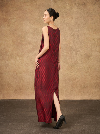 Aurora scarlet mosaic silk jacquard maxi dress shown from the side
