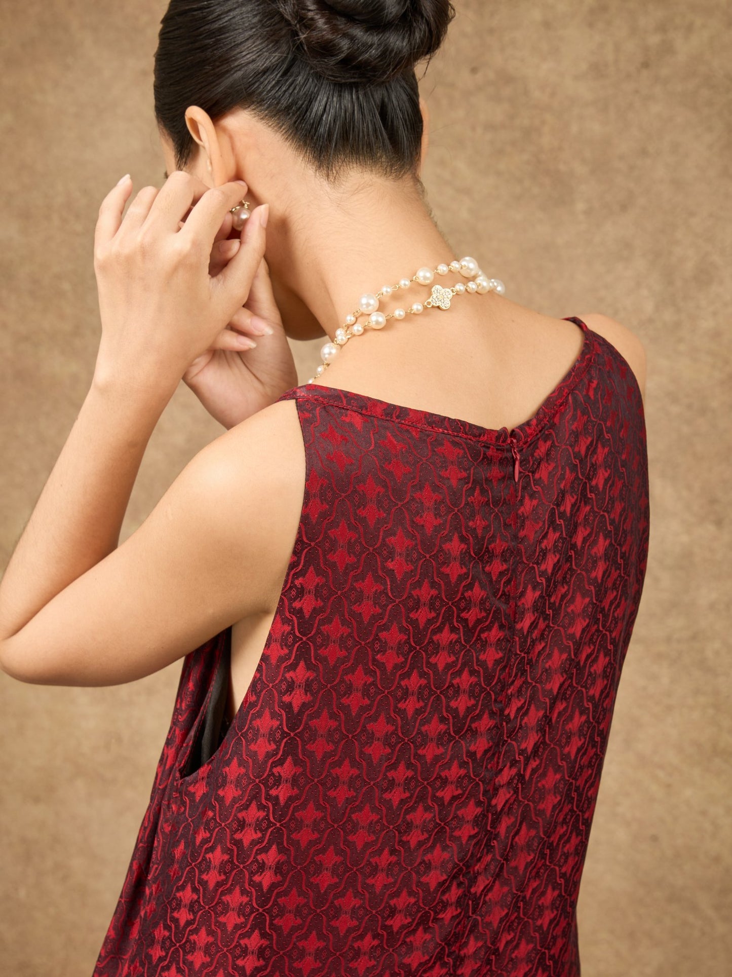 Back view of the Aurora scarlet mosaic hand-dyed silk jacquard maxi dress