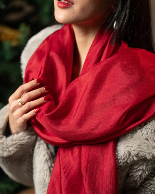 Luxury Hand-Dyed Mulberry Silk Scarf – Deep Red Shawl Wrap - 100% Silk, Elegant Evening & Gift