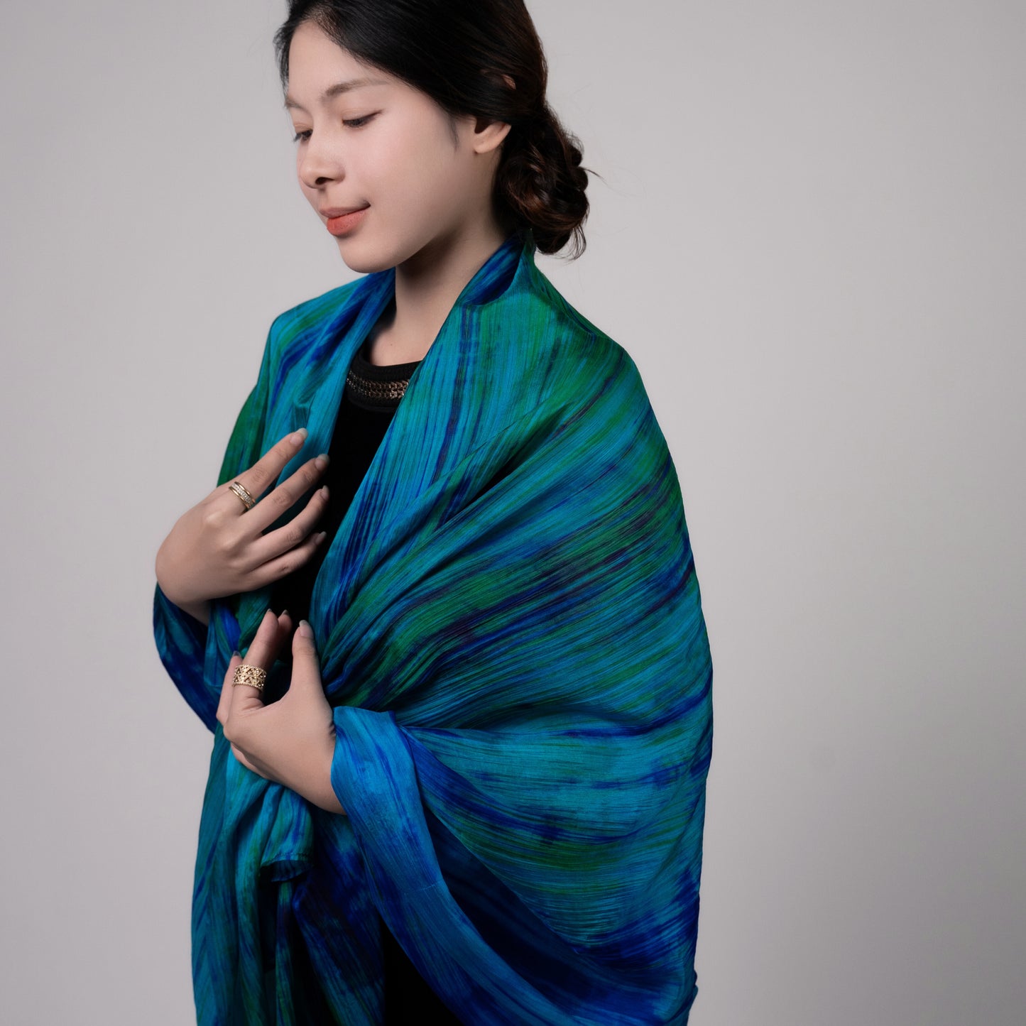 Stripe Peacock Blue Silk Habotai Scarf