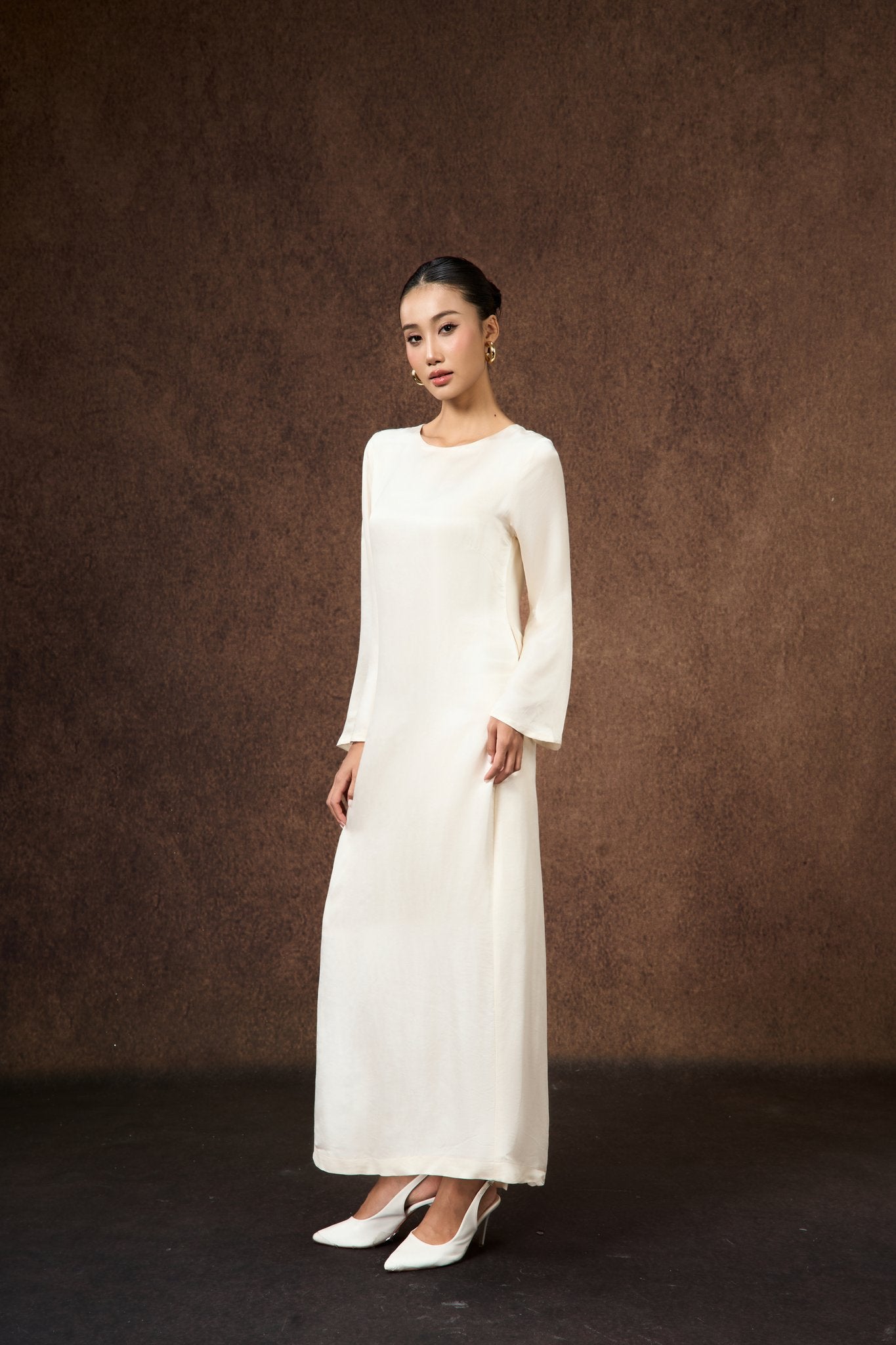 Celeste ivory pearl hand-dyed silk maxi dress, front view