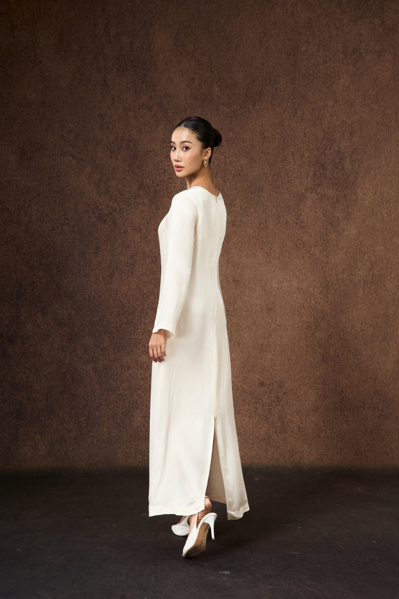 Back view of the Celeste ivory pearl hand-dyed silk maxi dress