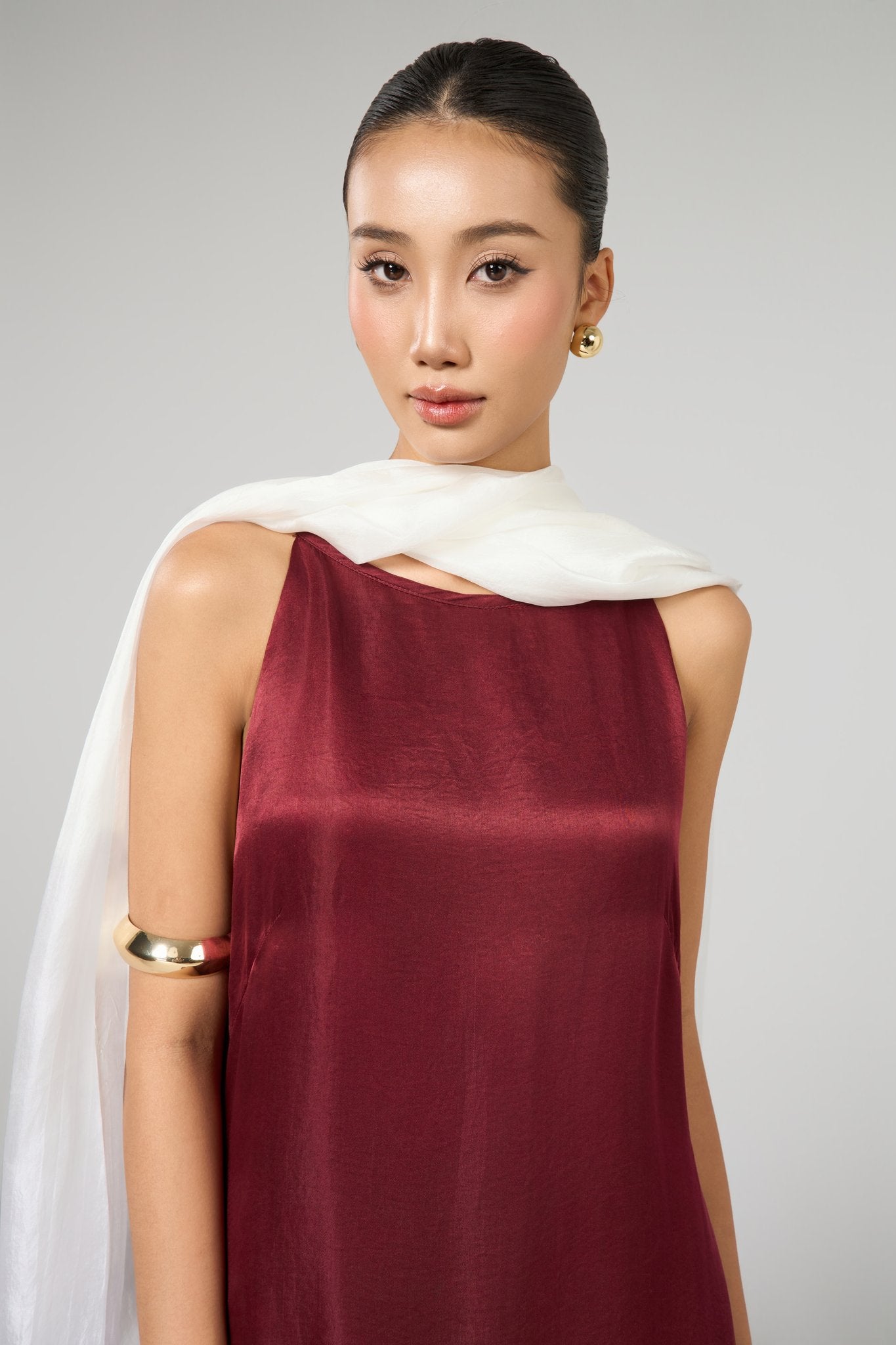 Aurora garnet rouge hand-dyed silk maxi dress styled with an ivory silk shawl