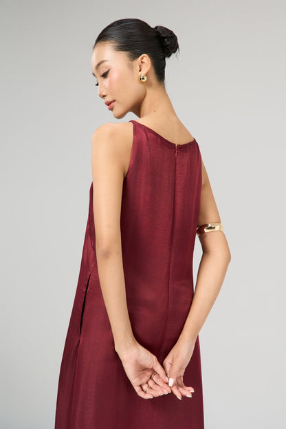 Aurora garnet rouge silk maxi dress shown from the back, open-back detail