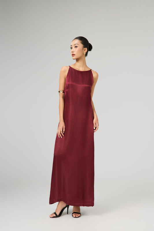 Aurora Garnet Rouge Hand-Dyed Mulberry Silk Maxi Dress