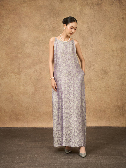 Close portrait of the Aurora moonlit lilac hand-dyed silk jacquard maxi dress