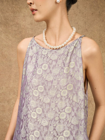Full-length view of the Aurora moonlit lilac hand-dyed silk jacquard maxi dress
