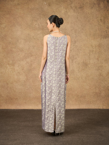 Model wearing the Aurora moonlit lilac silk jacquard maxi dress, side view