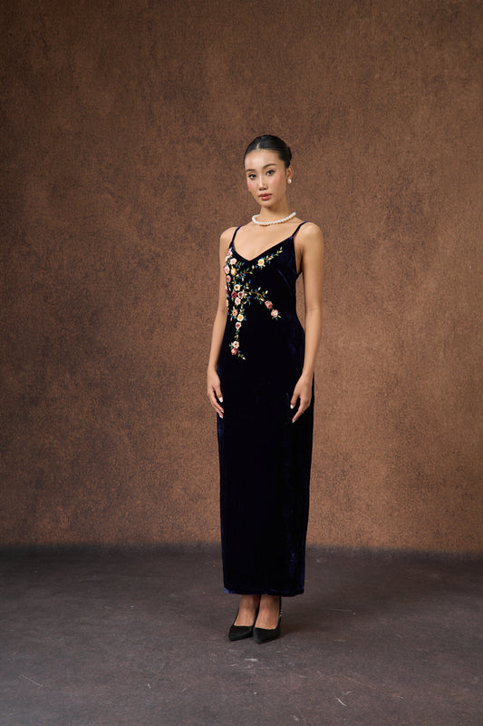 Hand-embroidered midnight navy silk velvet evening dress, front view