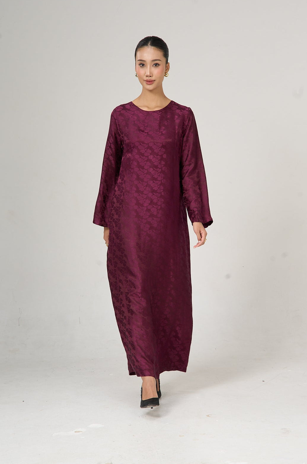 Celeste mulberry bloom silk jacquard maxi dress shown from the side