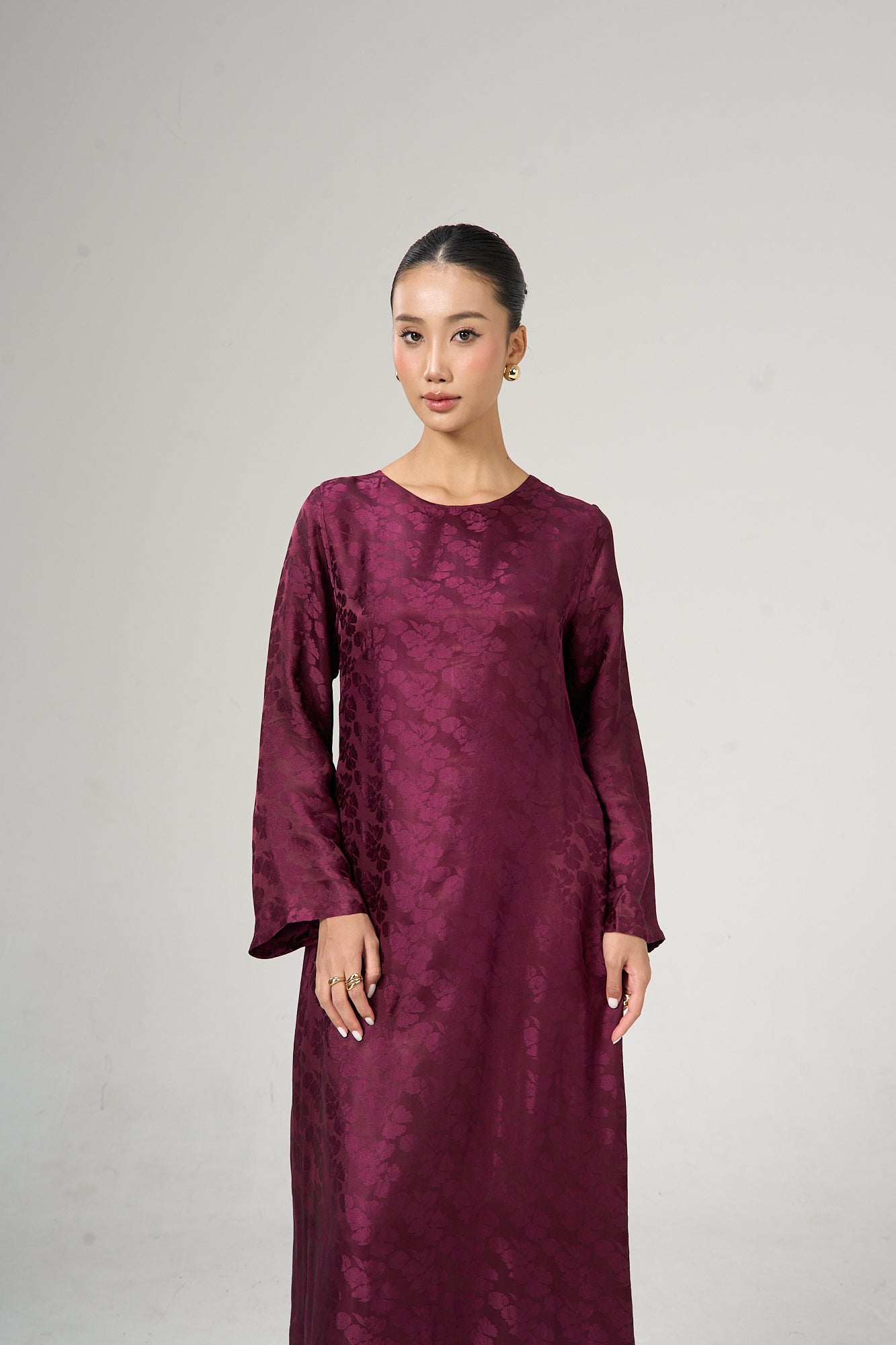 Back view of the Celeste mulberry bloom silk jacquard maxi dress