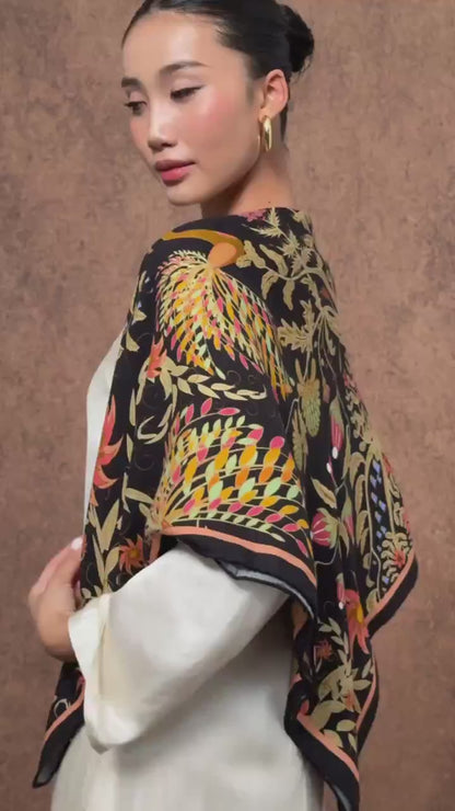 Phoenix Garden Wool Silk Scarf – Black Floral Wrap, Hand-Rolled Hem, Winter Gift
